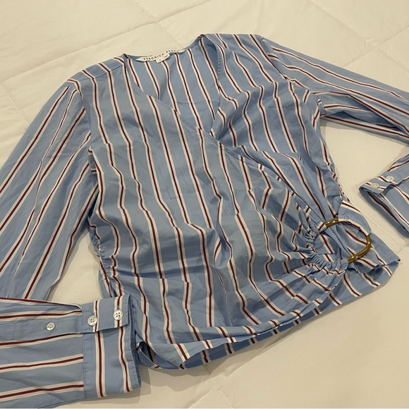 Veronica Beard Ozzie wrap-effect striped cotton-blend poplin top - Picture 9 of 16